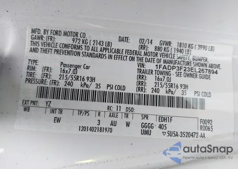 2014 Ford Focus Se from USA, damaged, VIN 1FADP3F23EL267894